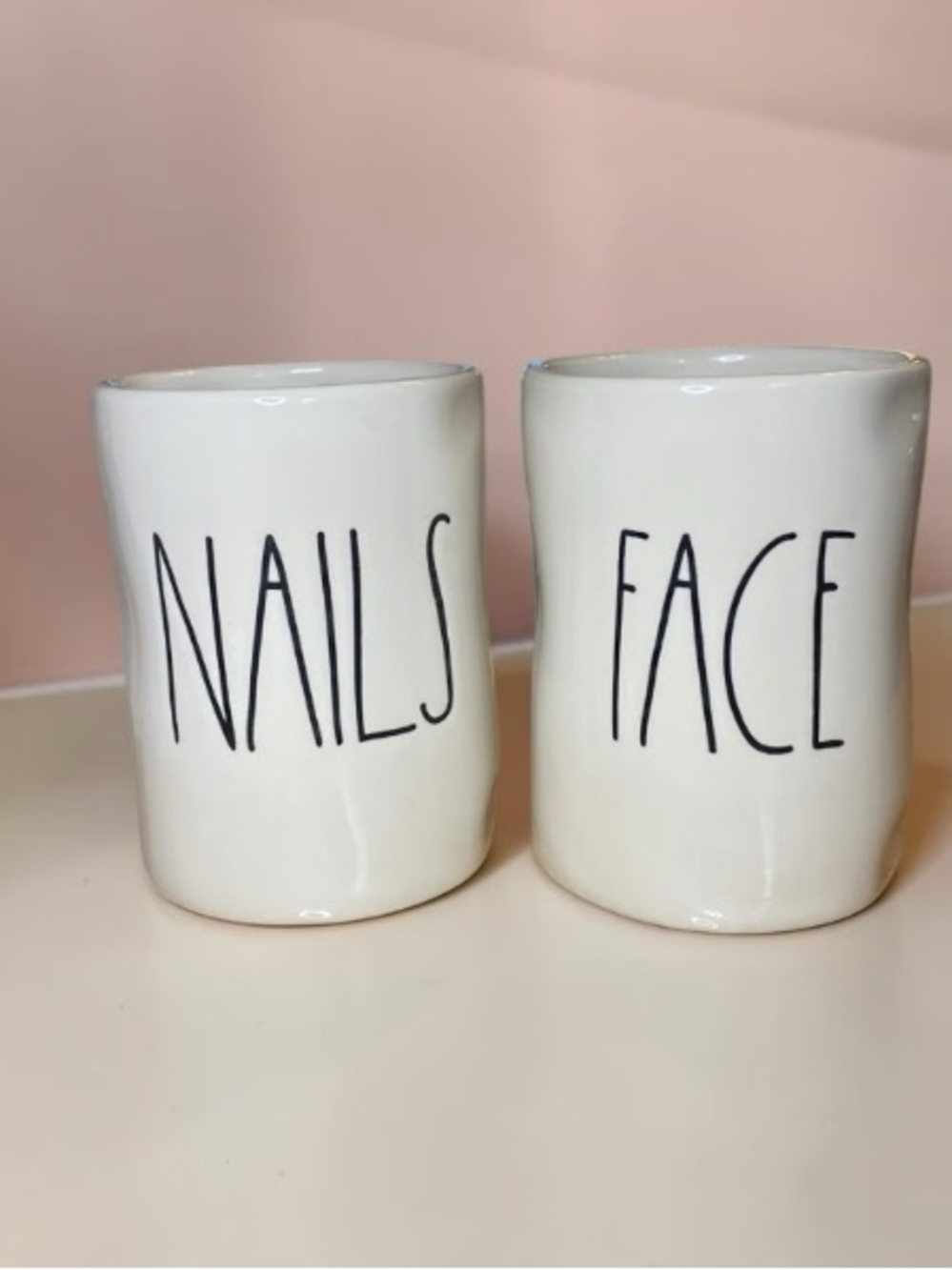 White Ceramic Vanity Holders - 'NAILS' and 'FACE' Set